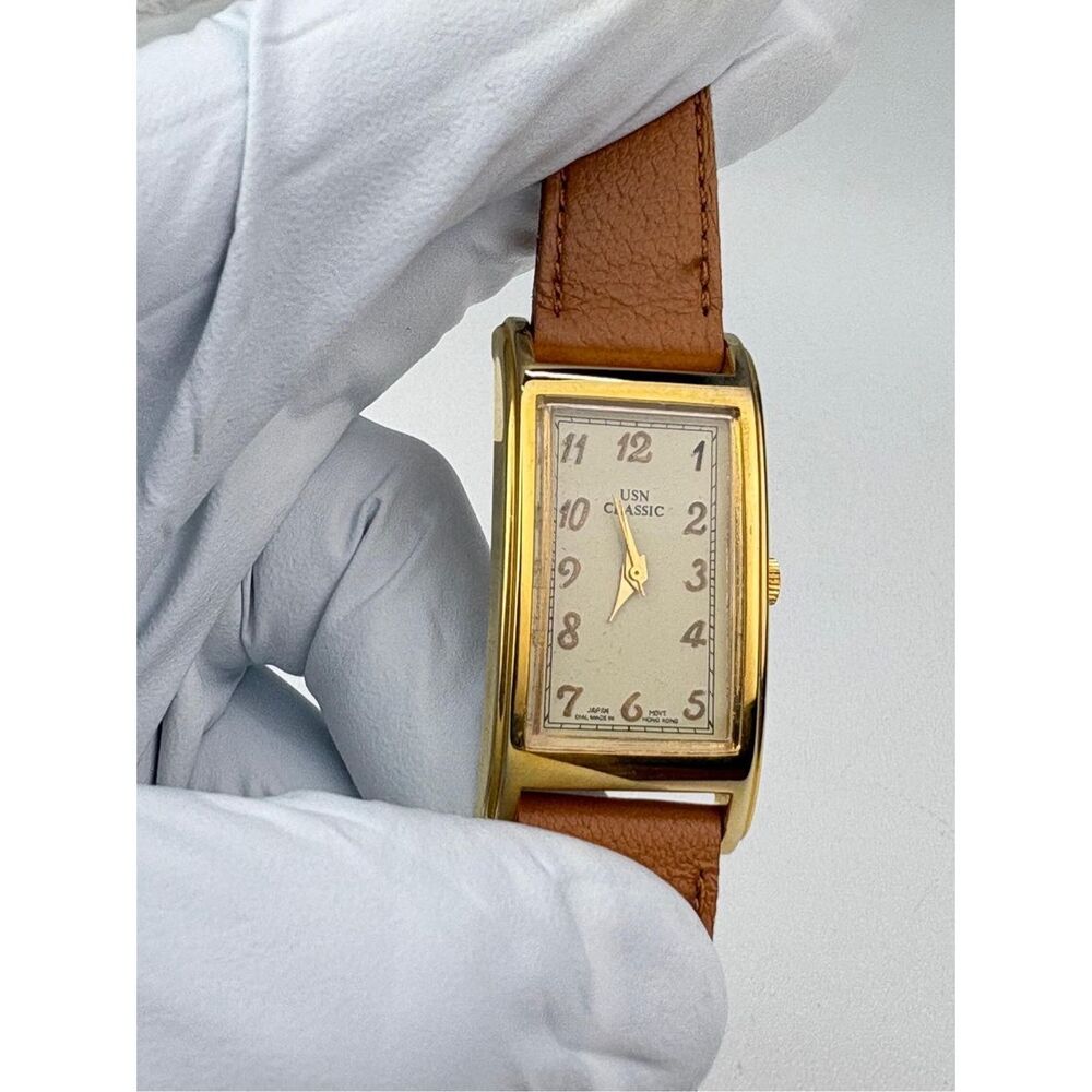 VTG USN Classic Quartz Watch Gold Tone Curved Long Rectangle Genuine Leather EM2